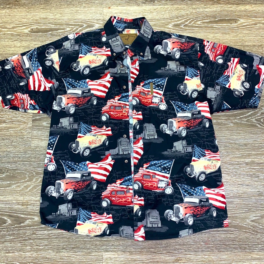 Mens North River M/Shirt, Casual Short Sleeves, w/ Vintage Motorcycle.